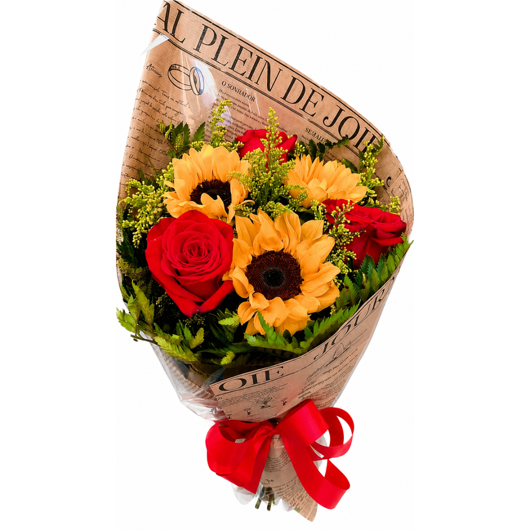 Buquê com 3 Rosas e 3 Girassóis