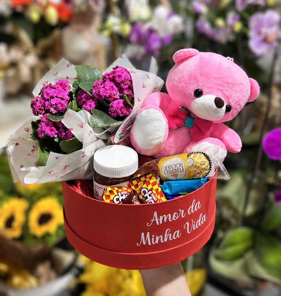 Box com Chocolate, Nutella, Begônia e Urso